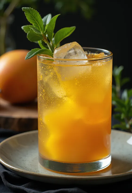 Australský mangový cider podávaný ve sklenici, ozdobený limetkou