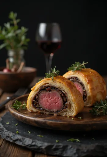 Zlatavý hovězí Wellington na řezu