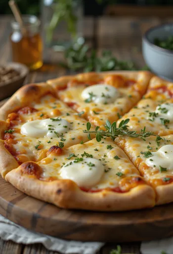 Pizza Quattro Formaggi s extra gorgonzolou servírovaná