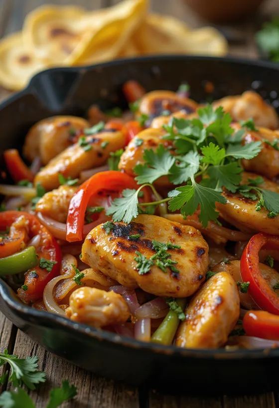 Fajitas s kuřecím masem a zeleninou, podávané s čerstvým koriandrem