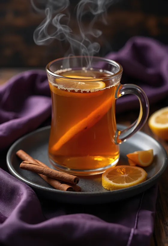 Nápoj Hot Toddy zdobený celou skořicí a plátkem citronu