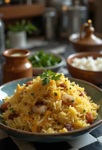 Kašmírské Pulao, bohatá kořeněná rýže s mandlemi a rozinkami, servírovaná s čerstvým koriandrem