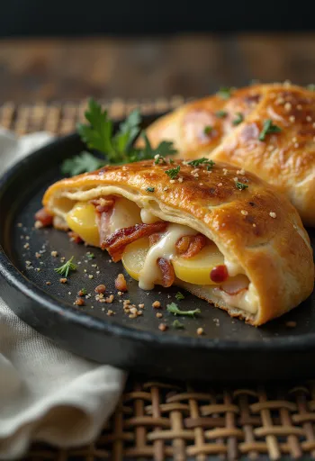 Čerstvě upečené bramborové calzone se slaninou