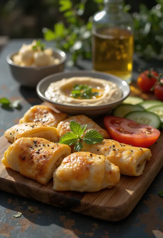 Čerstvý meze talíř s börekem, hummusem, sýrem feta a zeleninou