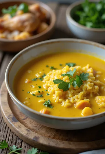 Polévka Mulligatawny s kuřecím masem servírovaná