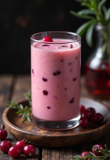 Sklenice probiotického kefíru ozdobená brusinkami