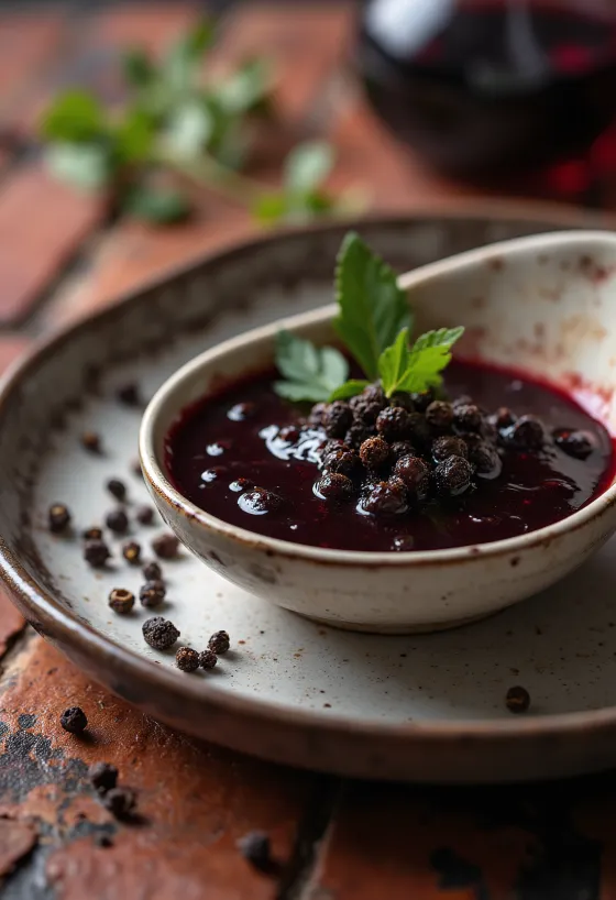 Omáčka z červeného vína s černým pepřem servírovaná