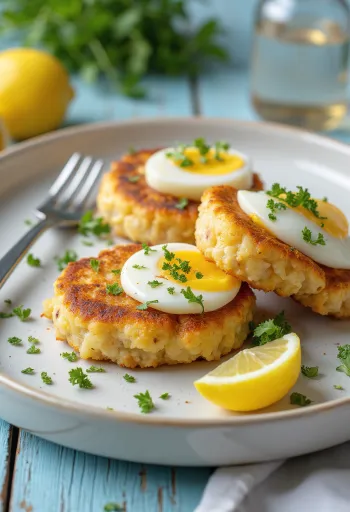 Rybí karbanátky s vejcem, podávané s křupavým povrchem a čerstvým citronem