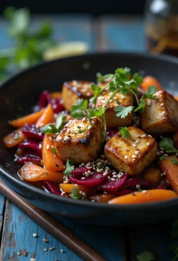 Wok s grilovaným tofu a červenou řepou