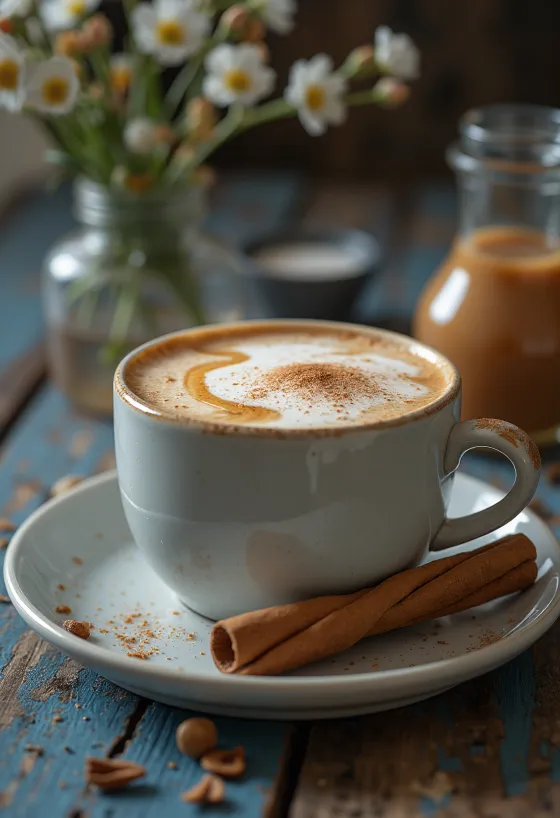Karamelové chai latte podávané ve sklenici