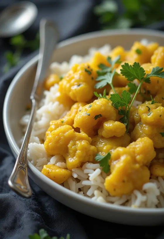 Květáková rýže s kari zeleninou, čerstvě servírovaná.