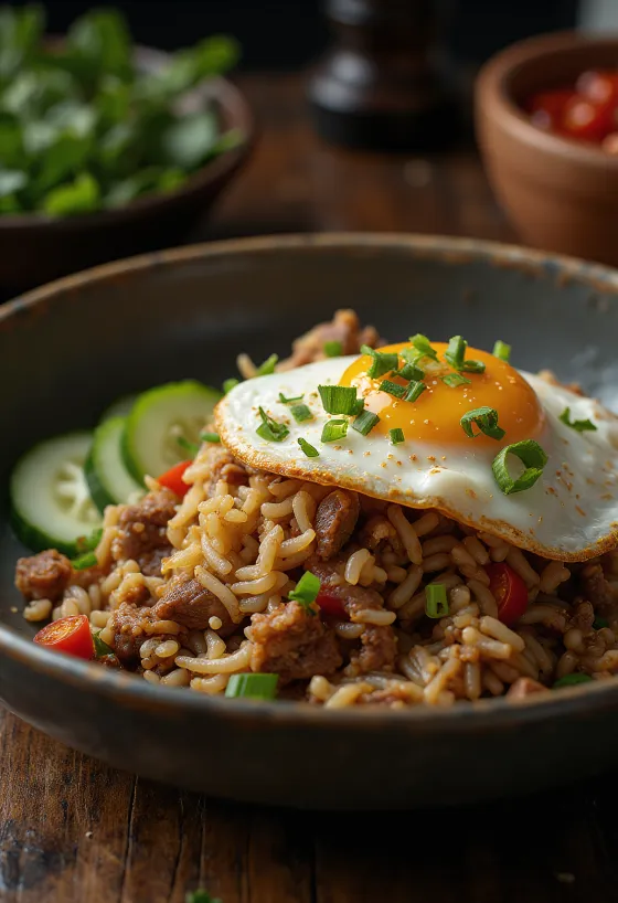 Nasi Goreng s hovězím masem a volským okem