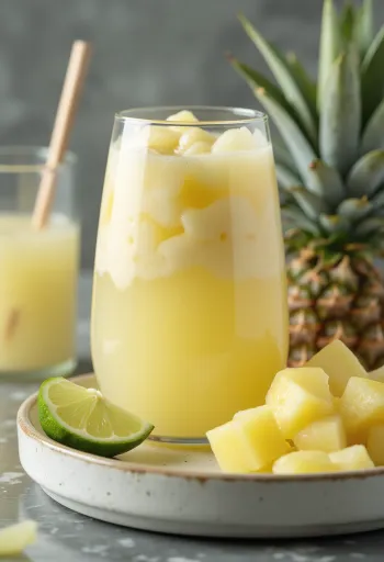 Probiotický kefírový nápoj se zeleným čajem a ananasem podávaný ve sklenici