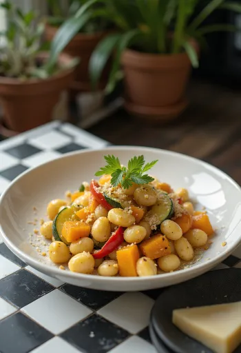 Dýňové gnocchi se zeleninou podávané na talíři