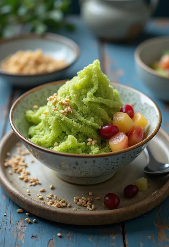 Bingsu se zeleným čajem, korejský ledový dezert s práškem matcha, čerstvým ovocem a praženým sezamem