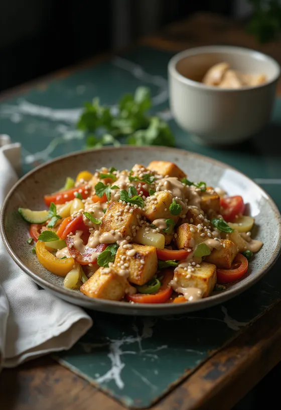 Wok s grilovaným tofu a tahini