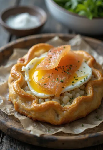 Karjalanpiirakka s rybí náplní, podávaná s čerstvým koprem