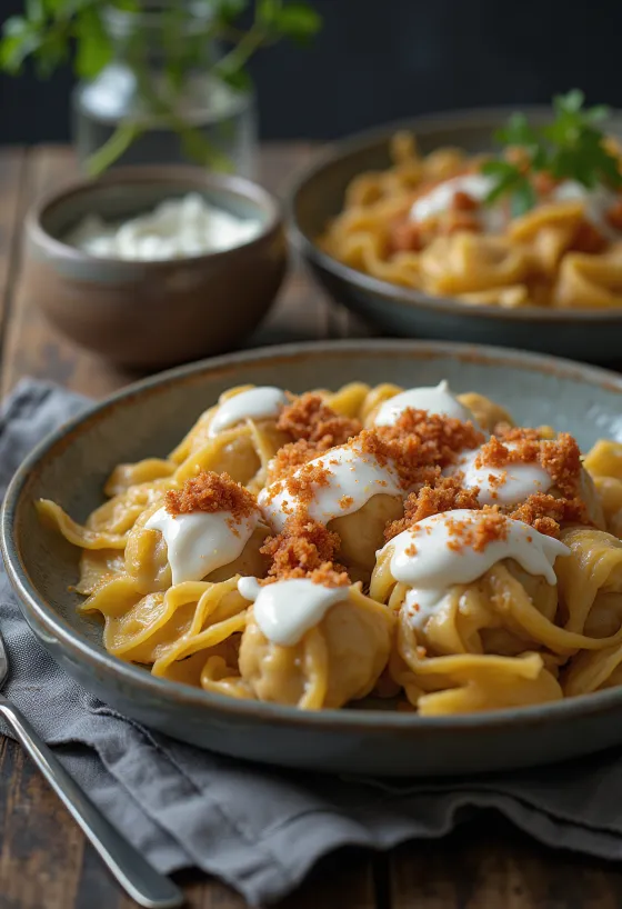 Manti s hovězím masem podávané s jogurtem a koriandrem