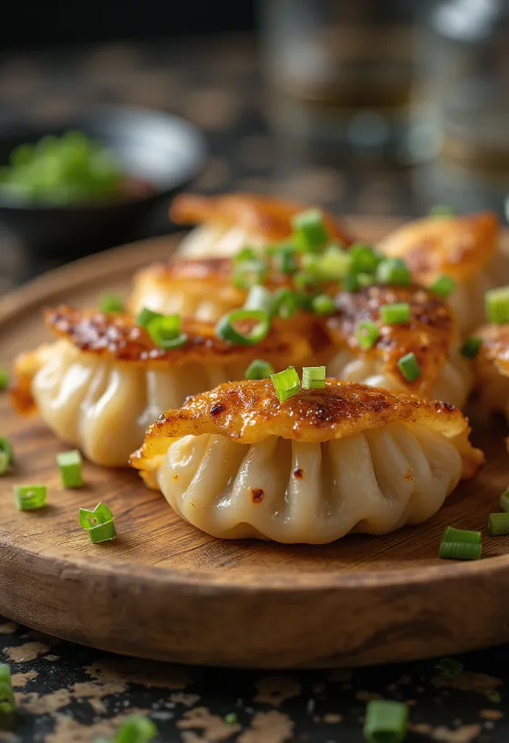 Gyoza s karamelizovanou cibulí a zlatohnědými spodky podávaná se sójovou omáčkou