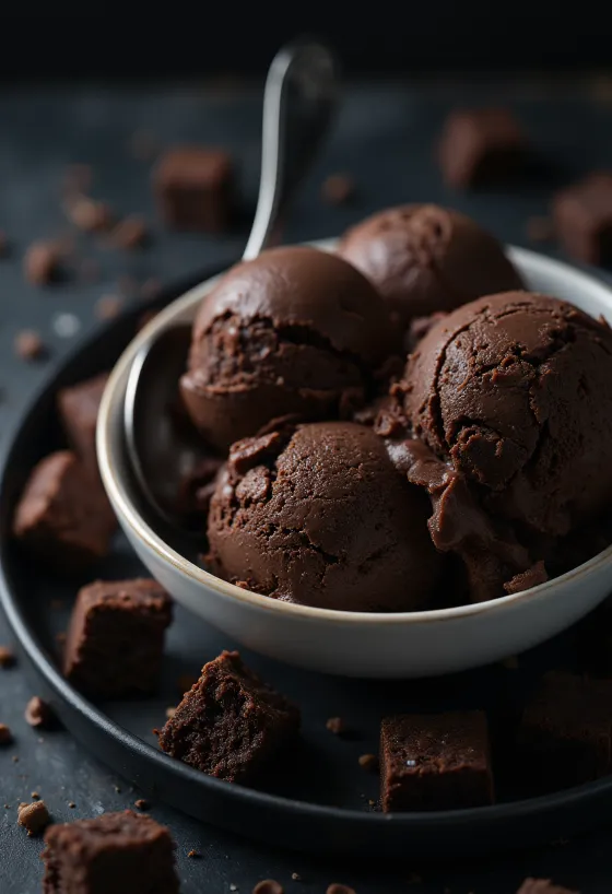 Kopeček čokoládové zmrzliny s viditelnými kousky brownie