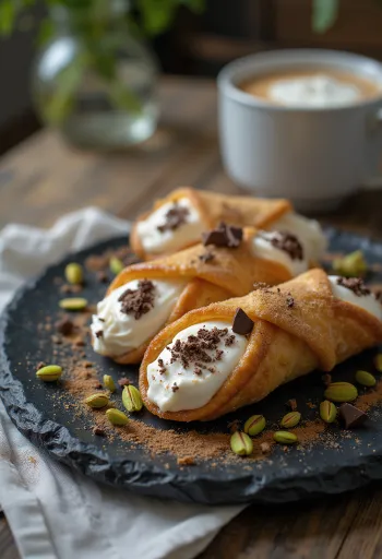 Cannoli se skořicovou náplní, zdobené pistáciemi a hořkou čokoládou