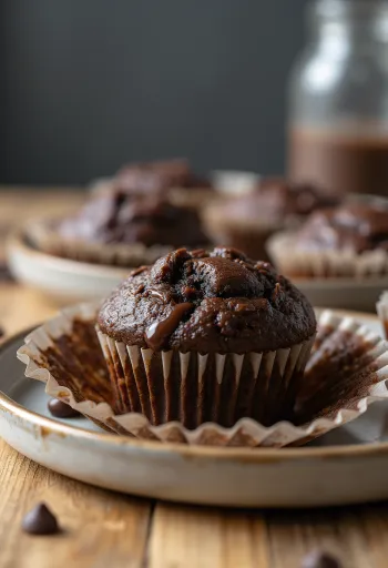 Čokoládové muffiny pečené dozlatova, podávané s kousky čokolády