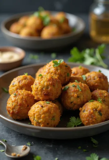 Falafel s křupavým dozlatova opečeným povrchem, posypaný čerstvými bylinkami