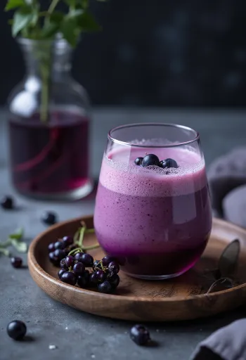 Kefír se zeleným čajem a černým rybízem podávaný ve sklenici, bez čerstvého ovoce