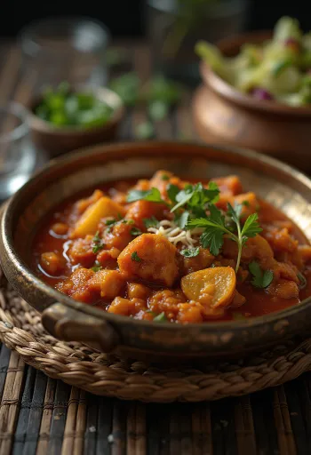 Tradiční Rogan Josh sytě červené barvy díky kořenu Ratan Jot