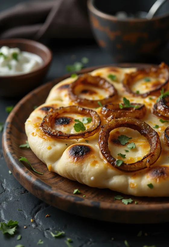 Pečený cibulový naan chléb v rustikálním podání
