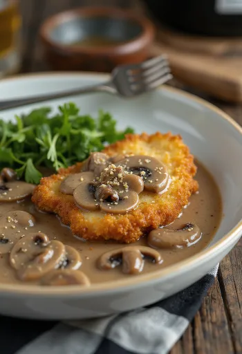 Jägerschnitzel podávaný s houbovou omáčkou a petrželkou