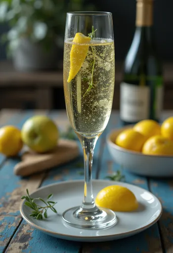 Italský prosecco cider podávaný ve sklenici zdobené snítkou rozmarýnu