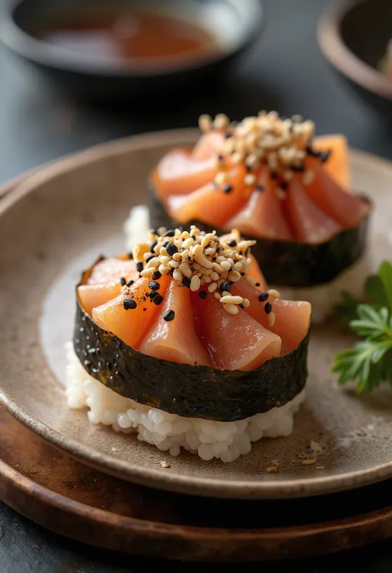 Omusubi s tuňákem a majonézou, podávané s řasou nori a sezamovými semínky