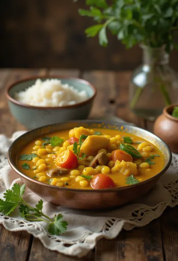 Pikantní Sambar podávaný s čerstvým koriandrem