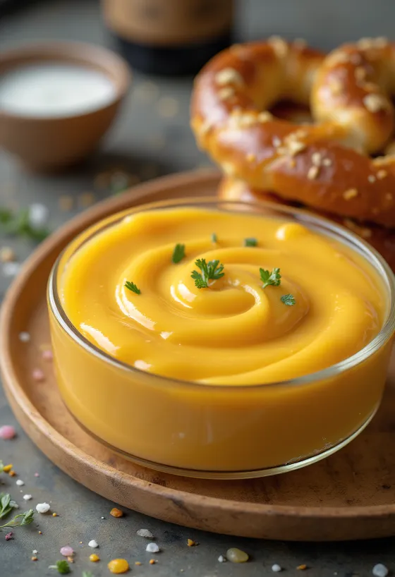 Pivní čedarová omáčka v misce s petrželkou a nachos