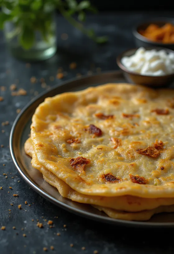 Adai dosa čerstvá, upečená dokřupava, podávaná s kořeněnou náplní