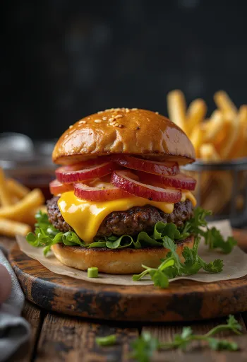 Bizoní burger s hranolky na dřevěném prkénku