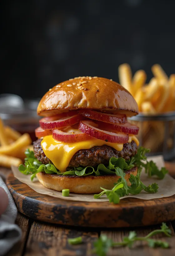 Bizoní burger s hranolky na dřevěném prkénku