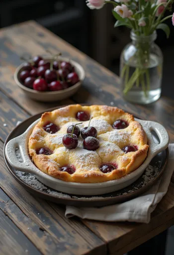 Čerstvé, zlatohnědé clafoutis s višněmi, servírované