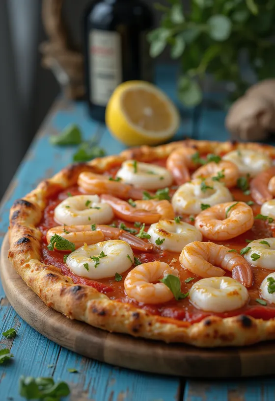 Pizza Frutti di Mare s kalamáry servírovaná