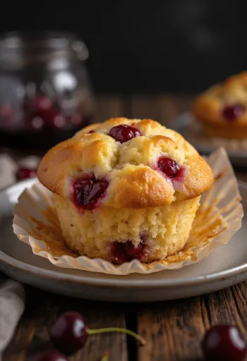 Čerstvé višňové muffiny upečené dozlatova, posypané moučkovým cukrem