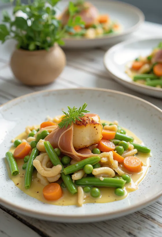 Menestra de verduras podávaná s čerstvou zeleninou