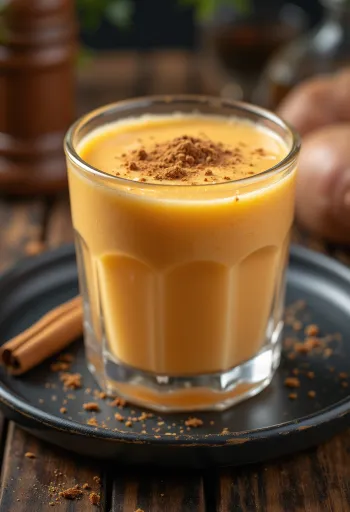 Probiotický kefír se sladkými bramborami v krémové, světle oranžové barvě, podávaný ve sklenici