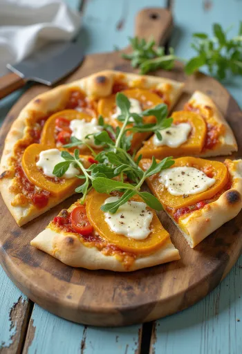 Dýňová pizza s veganským sýrem podávaná na prkénku
