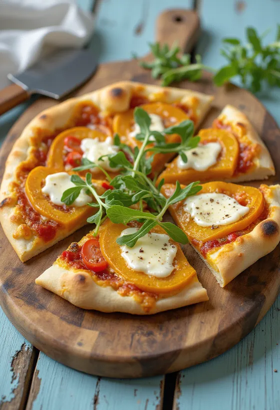 Dýňová pizza s veganským sýrem podávaná na prkénku