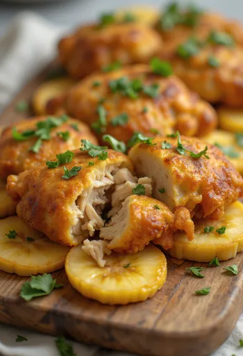 Acarajé s kuřecím masem, kuličkami z tapioky, smaženým banánem a koriandrem na ozdobu