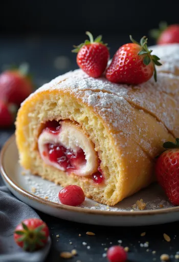 Jahodová roláda nakrájená na plátky, podávané s čerstvými jahodami