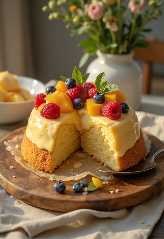 Čerstvý ovocný dort s barevným ovocem a lesklou vrstvou želé