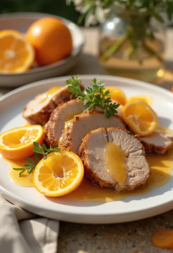 Kachní prsa v pomerančové omáčce podávané na talíři