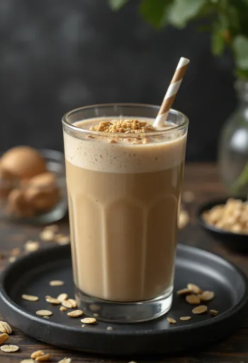 Kávové smoothie servírované ve vysoké sklenici, zdobené plátky banánu